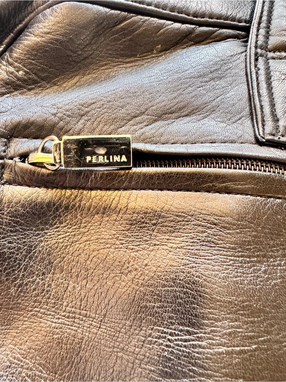PERLINA Black Leather Laptop Handbag Purse Tote